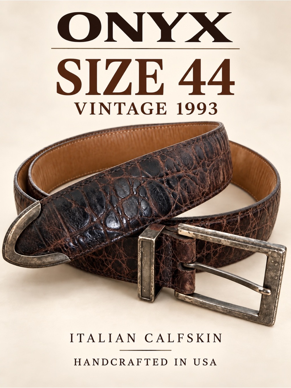 Vintage 1993 ONYX by Brighton Brown Croc Embossed Leather Men's Belt 44 USA